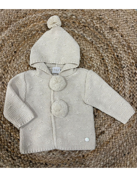 Chaquetón de punto con capucha y pompones